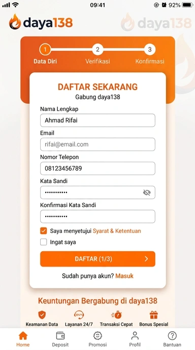 Tampilan halaman daftar daya138